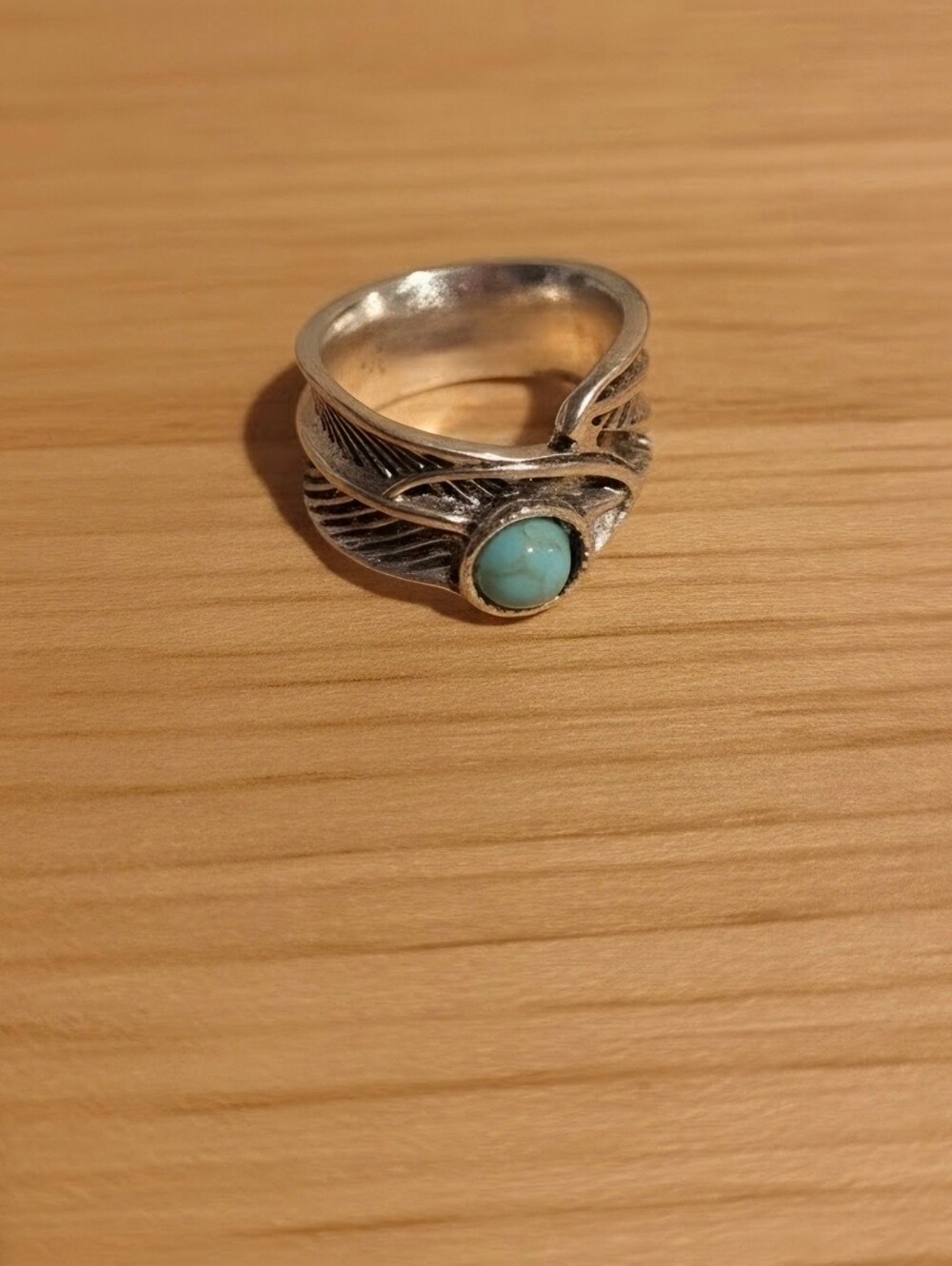 Silver Tone Feather Ring with Turquoise Stone - Size 6